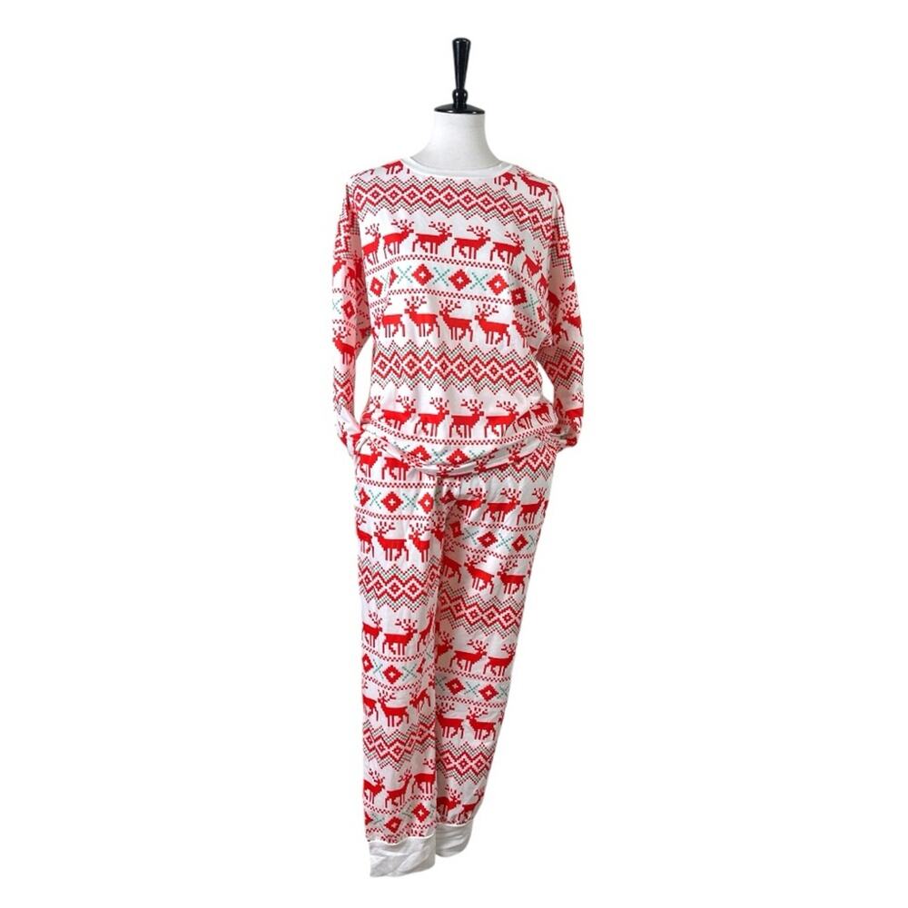 Christmas Pajama Set Jogger Pant Top Reindeer White Red Women's Size Medium